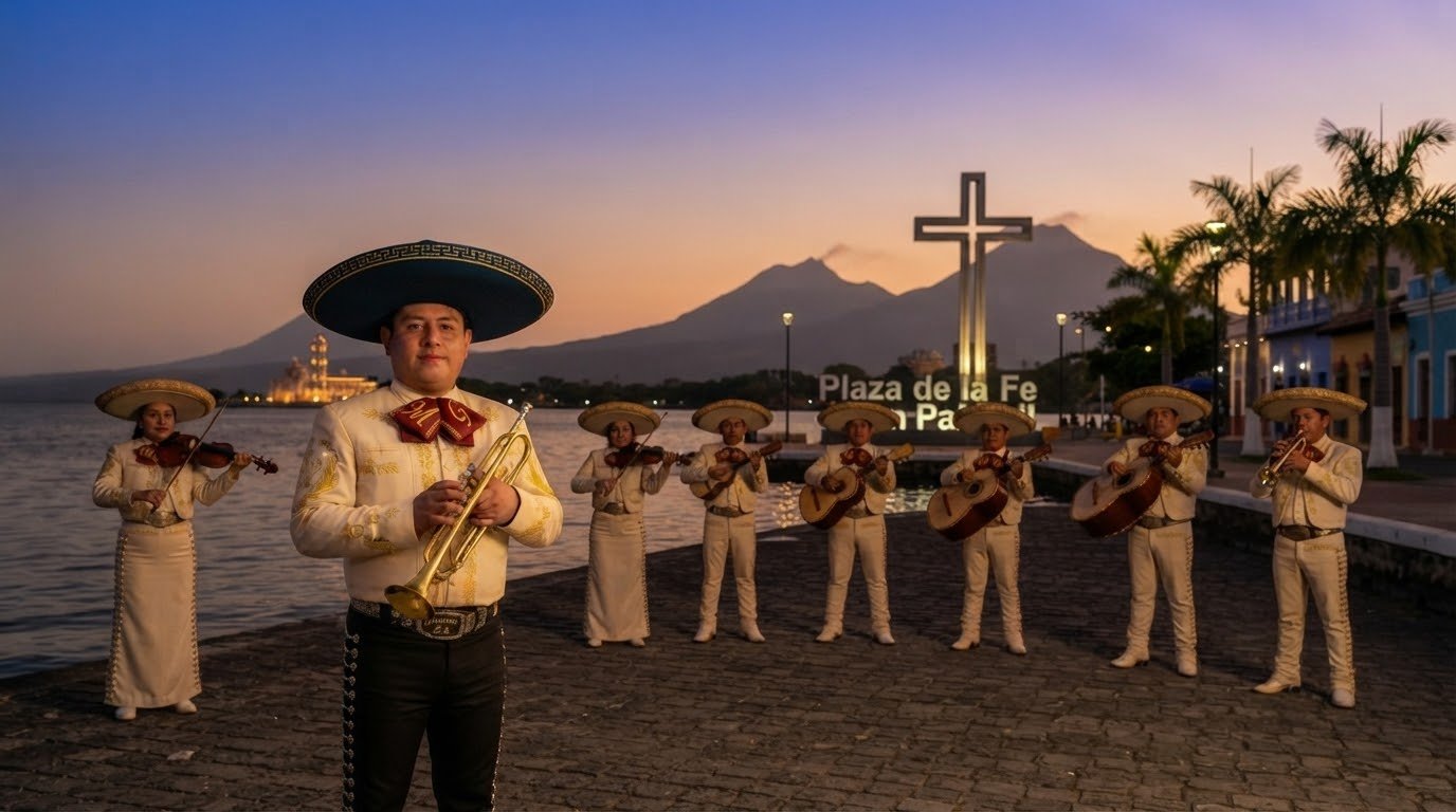 Mariachi Gutiérrez interpretando música junto al lago al atardecer