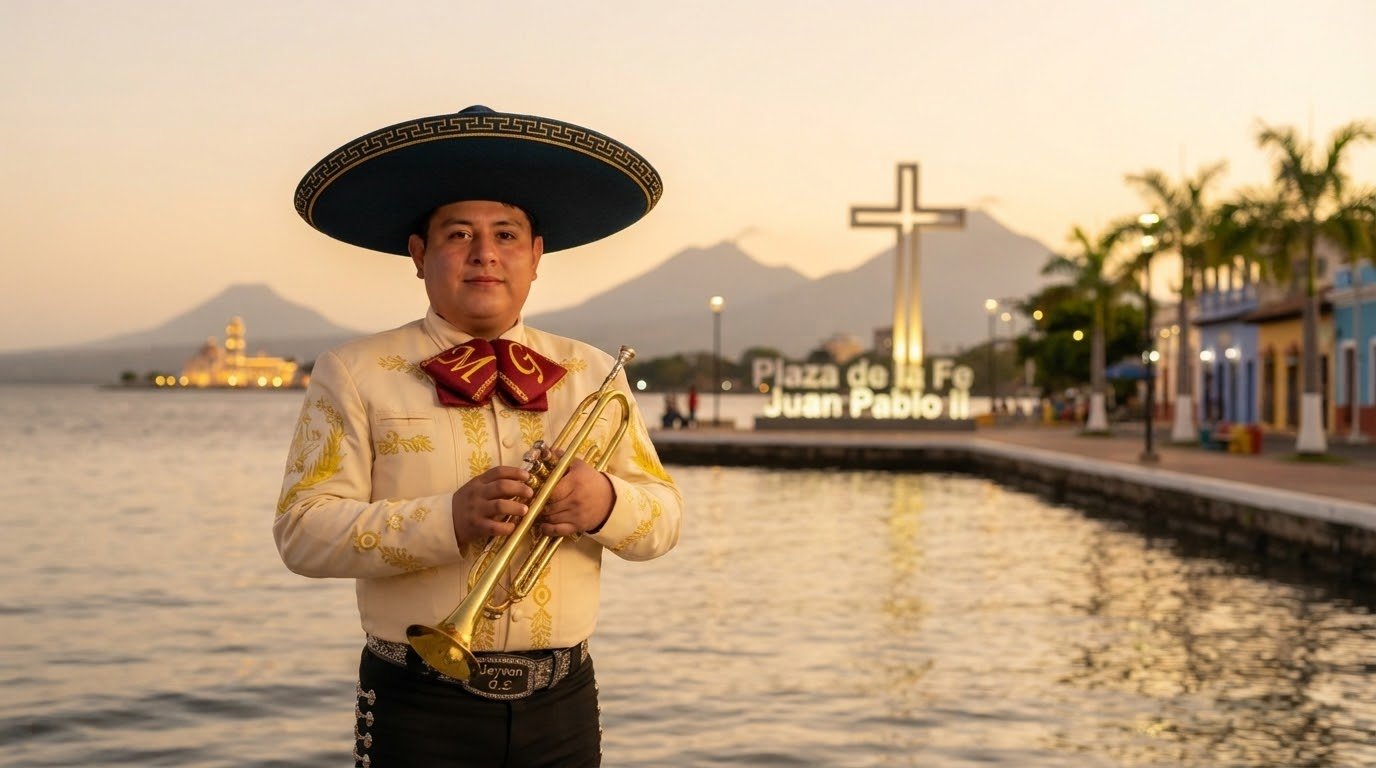 Músico de Mariachi Gutiérrez con trompeta junto al lago al atardecer